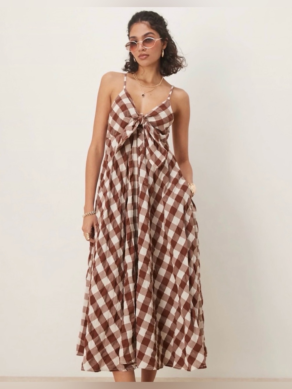 Free People Via Gingham Cami Midi Dress in Brown Sz Medium Boho Cottagecore